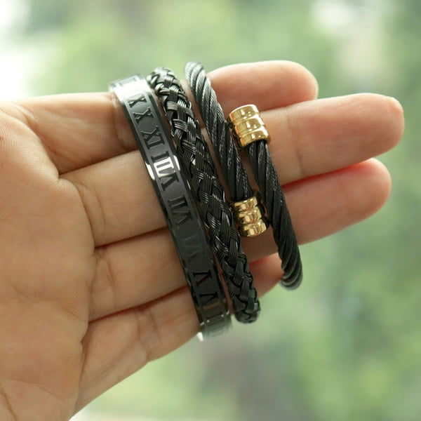 3pcs/Set Hot Men Titanium Steel Roman Numeral Bracelet Horseshoe Buckle Bangles Pulseira Bileklik Luxury Handmade Jewelry